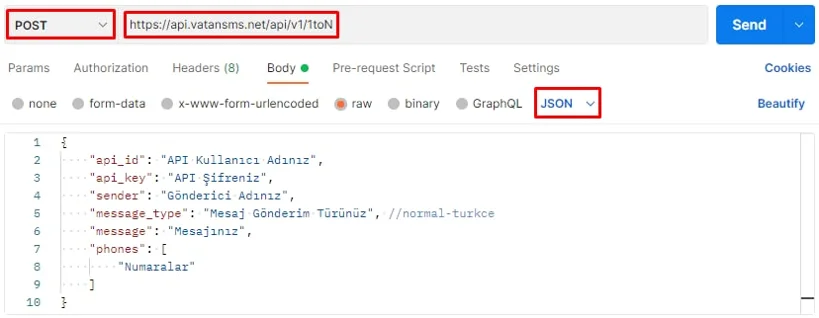 postman sms api bilgileri